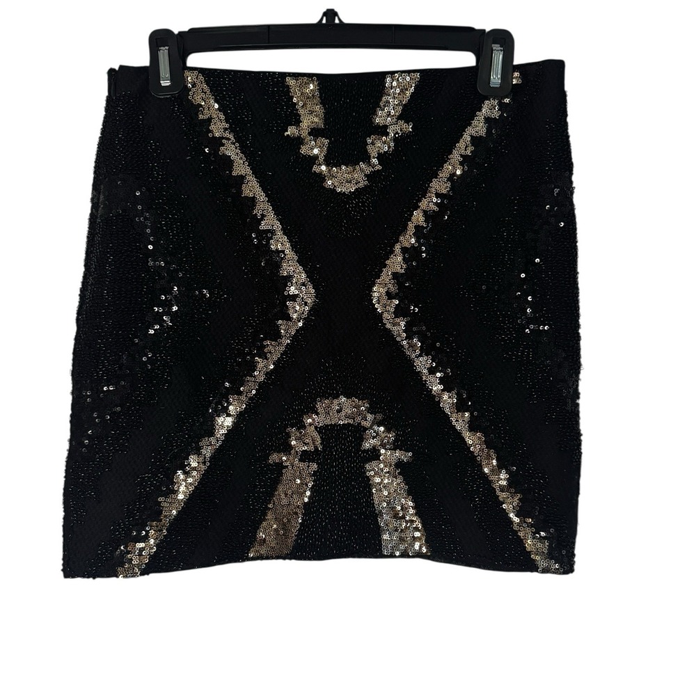 FATE Abstract Black Sequin Mini Skirt Size M lined side zip LUXE Holiday Party‎